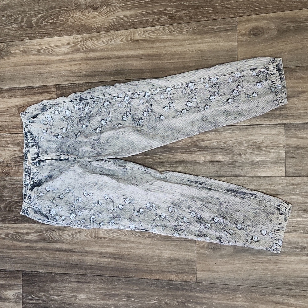 XCVI Blue Linen Blend Relaxed Striped Floral Embroidery Pants Size Medium